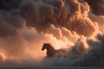 Fototapeta premium A dramatic artistic scene featuring the silhouette of a running horse, bursting out of thick clouds of dust and smoke. 