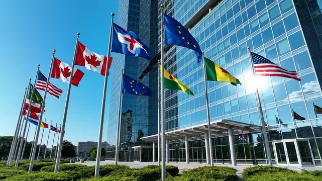 Flags of various countries in front of a modern building