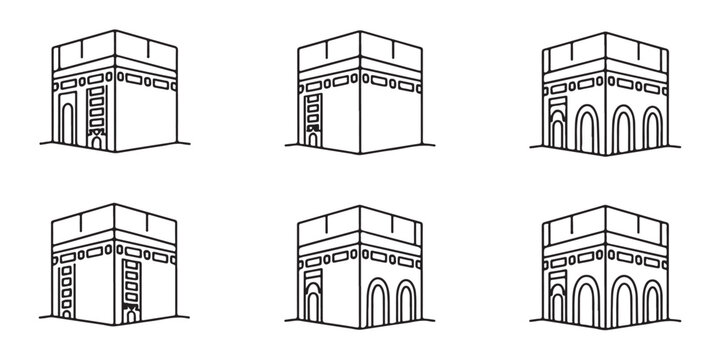 Set of black and white line art kaaba icons isometric view religious symbols for hajj umrah