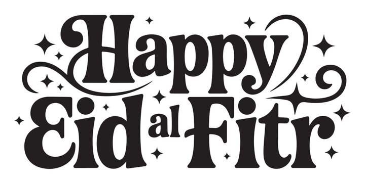 Happy eid al fitr lettering typography with star decoration stylish design black and white