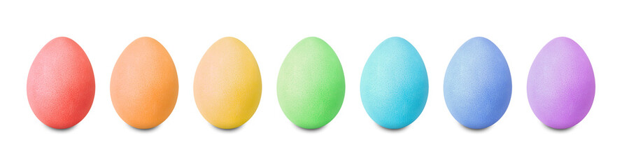 Obraz premium Bright painted Easter eggs arranged in rainbow colors isolated on white