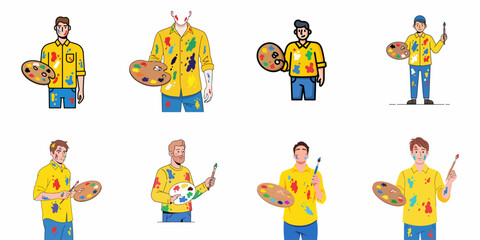 Fototapeta premium Diverse set of male artists and painters illustrations, holding palettes and paintbrushes, showcasing creativity and messy artistic work.