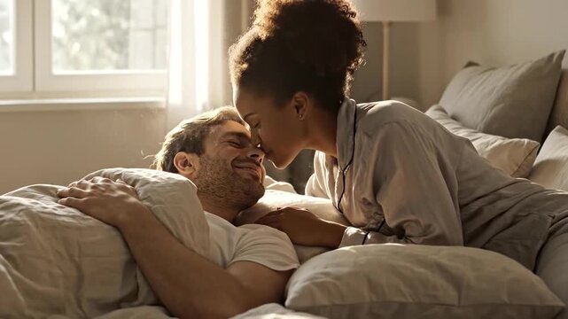 Couple Kissing Intimately in Bed Together.