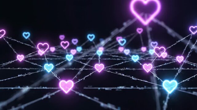 Digital network of glowing hearts connecting in a futuristic abstract design