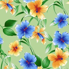 Fototapeta premium Tropical Jungle Floral Pattern with Colorful Exotic Flowers and Leaves