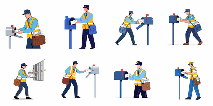 A collection of cartoon illustrations depicting various male mail carriers delivering and collecting letters from different types of residential and communal mailboxes.