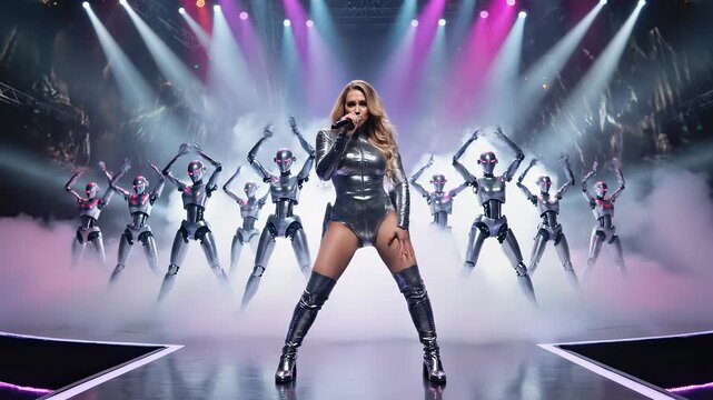 Female pop singer performing on stage with futuristic robot backup dancers. Woman in silver bodysuit singing with synchronized androids in a sci-fi concert setting. Future technology and music concept
