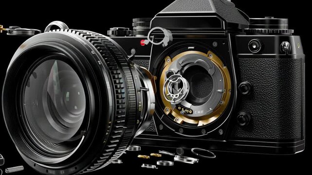 Detailed high resolution exploration of a camera and lens disassembly with rotating parts and components on black background 