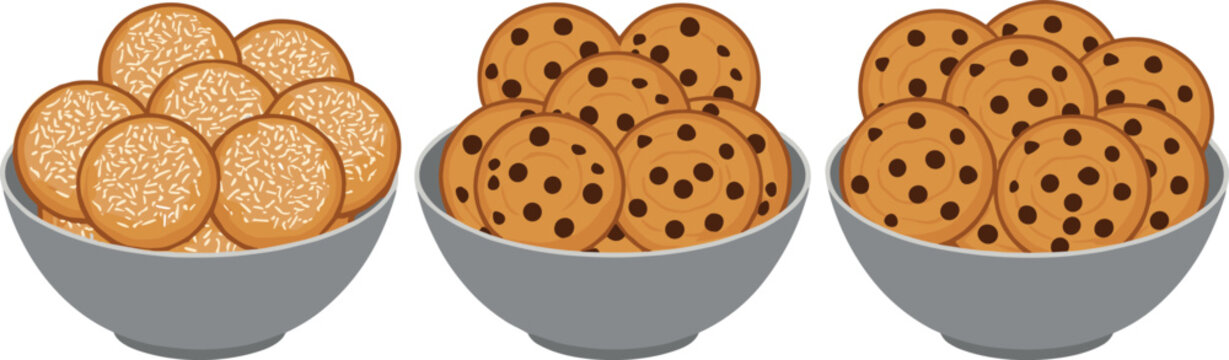 Vector illustration of three grey bowls filled with chocolate chip cookies and sugar cookies isolated on white background.

