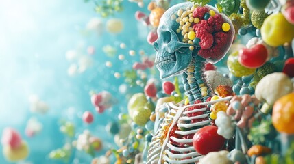 Conceptual art Human skeleton infused with vibrant fruits and vegetables, symbolizing nutrition's role in vitality, cognitive function, and well-being