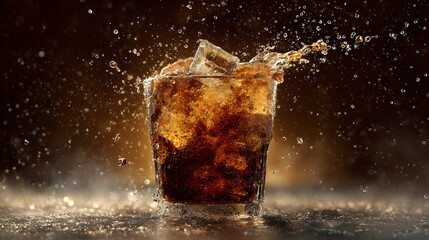 Professional action splash photography of a refreshing soda with ice cubes