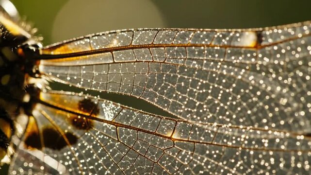 Close-up Macro Shot of Dragonfly Wing with Dew Drops.