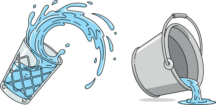 Vector illustration set featuring a crystal glass splashing water and a silver bucket pouring liquid for hydration designs