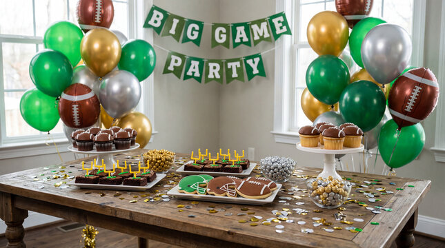 Big Game Party dessert table with cupcakes brownies cookies candy confetti balloons for sports magazine website culinary editorial photography