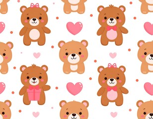Naklejka premium Whimsical repeated pattern featuring endearing brown teddy bears with bows, hearts, and small dots against a pristine white background