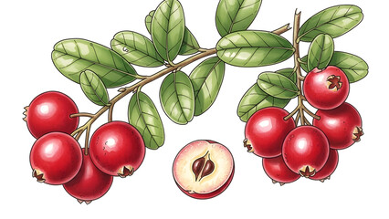 Realistic botanical drawing of red cranberries on a branch with green leaves and a cross-section showing seeds