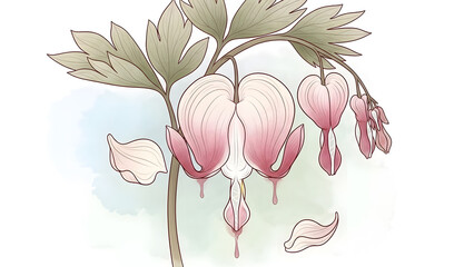 Elegant botanical illustration of a bleeding heart flower with soft watercolor textures