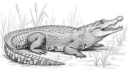 Black and white pencil sketch illustration of a large crocodile with an open mouth in a swamp setting