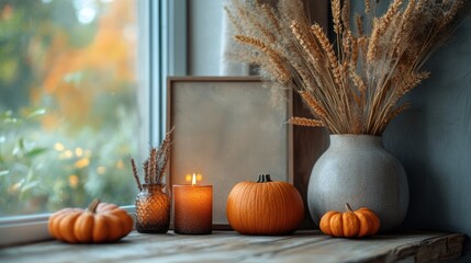 Cozy autumn windowsill decor featuring vibrant orange pumpkins, warm glowing candles, and dried natural elements, creating a peaceful harvest season ambiance indoors