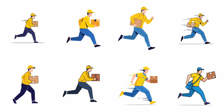 Fast delivery service concept featuring a set of running couriers holding packages, illustrating quick shipment and logistics speed.