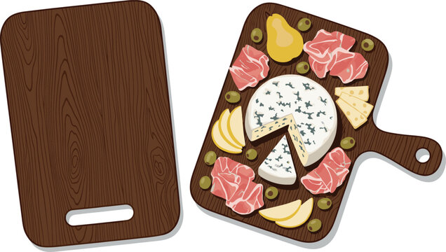 Vector illustration set featuring a gourmet charcuterie board with blue cheese prosciutto olives and pears for restaurant menus