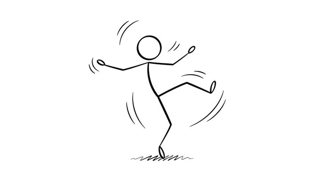 Simple black and white line drawing of a stick figure person dancing happily with motion lines