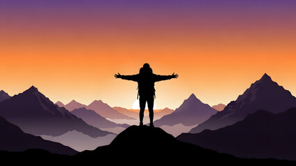 A silhouette of a hiker with arms outstretched standing on a mountain peak during a colorful sunrise or sunset