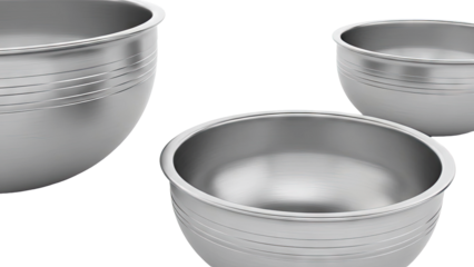 Group of three brushed stainless steel bowls with ribbed detailing