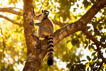 Obraz premium Ring-tailed lemur perched on a tree branch in a sunlit forest