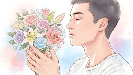 Close up illustration of a peaceful man with closed eyes smelling a colorful bouquet of roses and lilies