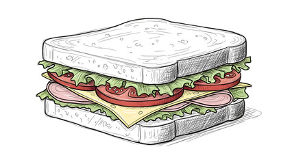 A detailed color sketch of a multi-layered sandwich with lettuce, tomatoes, cheese, and ham between two slices of white bread