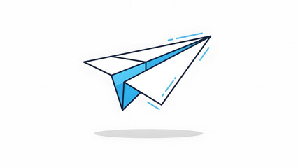 A simple and modern blue and white paper plane icon floating with a shadow on a light background