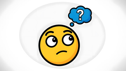 Illustration of a yellow emoji face looking up with a question mark in a blue thought bubble