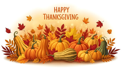 A festive fall background featuring pumpkins, gourds, and colorful autumn leaves with the text Happy Thanksgiving