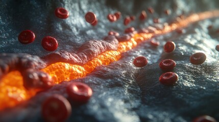 3D microscopic view of red blood cells flowing through a vein or artery in the human body, showcasing cellular detail and circulatory system