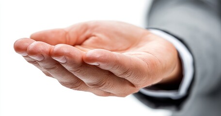 Obraz premium Close-up of an Outstretched Human Hand in a Business Suit Against a Simple Background