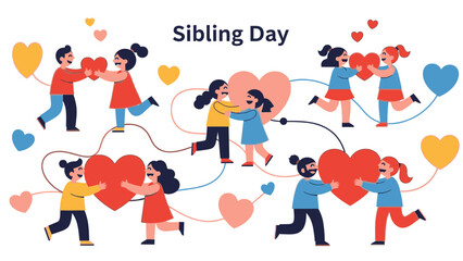 Naklejka premium Children playing together on Sibling Day with hearts and balloons in a joyful atmosphere