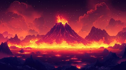 Powerful volcanic eruption lights up the night, creating a fiery landscape with glowing lava and a dramatic red sky