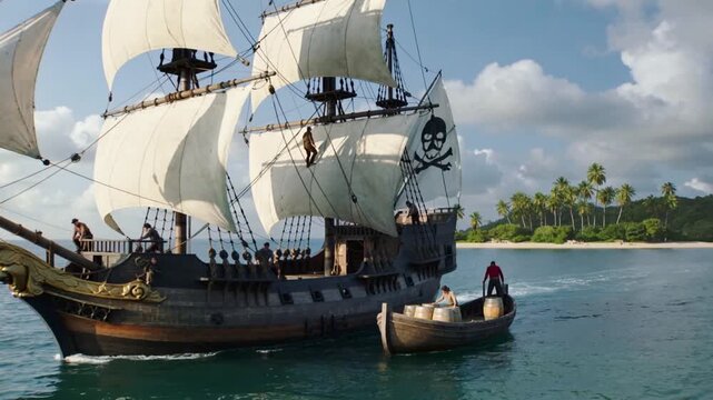 A large pirate ship with white sails and a skull and crossbones flag cruises on a sunny blue ocean with crew on deck. Majestic maritime scene.