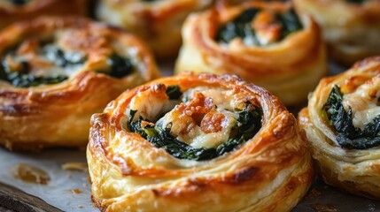 Golden Savory Spinach Pastry Pinwheels Appetizing Baked Puff Pastry Rolls with Creamy Filling, Perfect for Brunch or Party Snacking