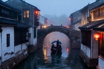 A traditional boat passes under a stone arch bridge in a misty water town at dusk, illuminated by warm lanterns.