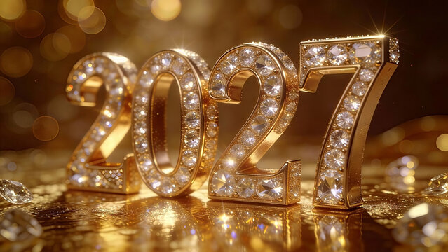 A large gold numbers 2027 encrusted with sparkling diamonds and crystals, standing on a reflective gold surface. Happy New Year, New Year