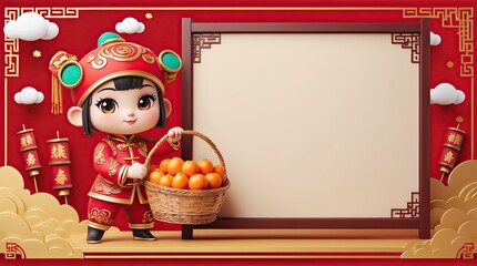 Cute Lunar New Year Chibi Character with Oranges and Blank Frame