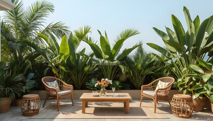 Fototapeta premium terrace table and chairs with tropical plant garden