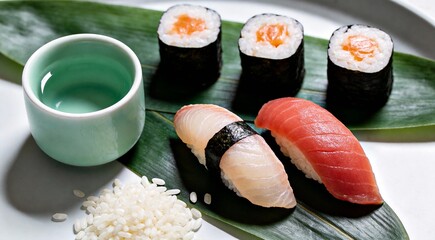 High-end commercial art of sushi rolls arranged artistically beside sake cup, minimalist zen lightin