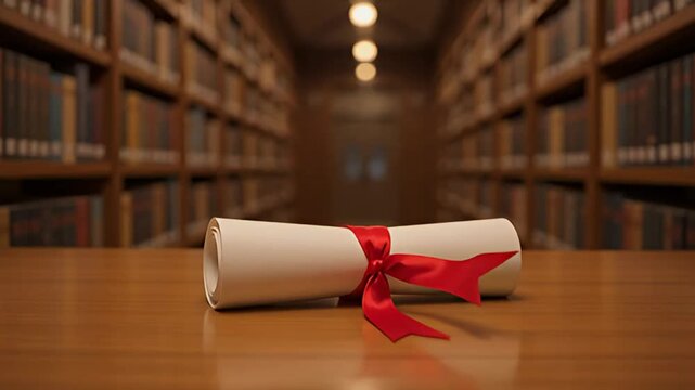 A rolled document tied with a red ribbon on a wooden table in a library