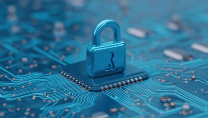 Padlock on a microchip representing cybersecurity, data protection, and digital privacy on a blue circuit board background