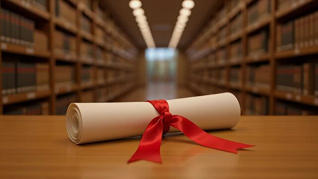 A rolled document tied with red ribbon lies on a wooden table in a vast library with bookshelves
