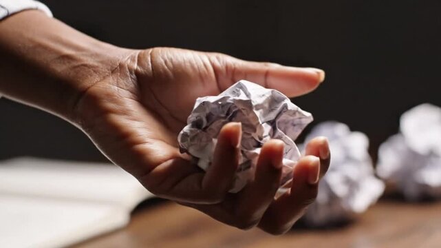 Close up hand crumpling paper ball in frustration over writer's block near wastebasket