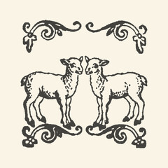 Vintage Woodcut Illustration of Two Young Lambs with Decorative Floral Scroll Borders, Classic Black and White Engraving Style for Pastoral and Easter Designs © Retro Archive id